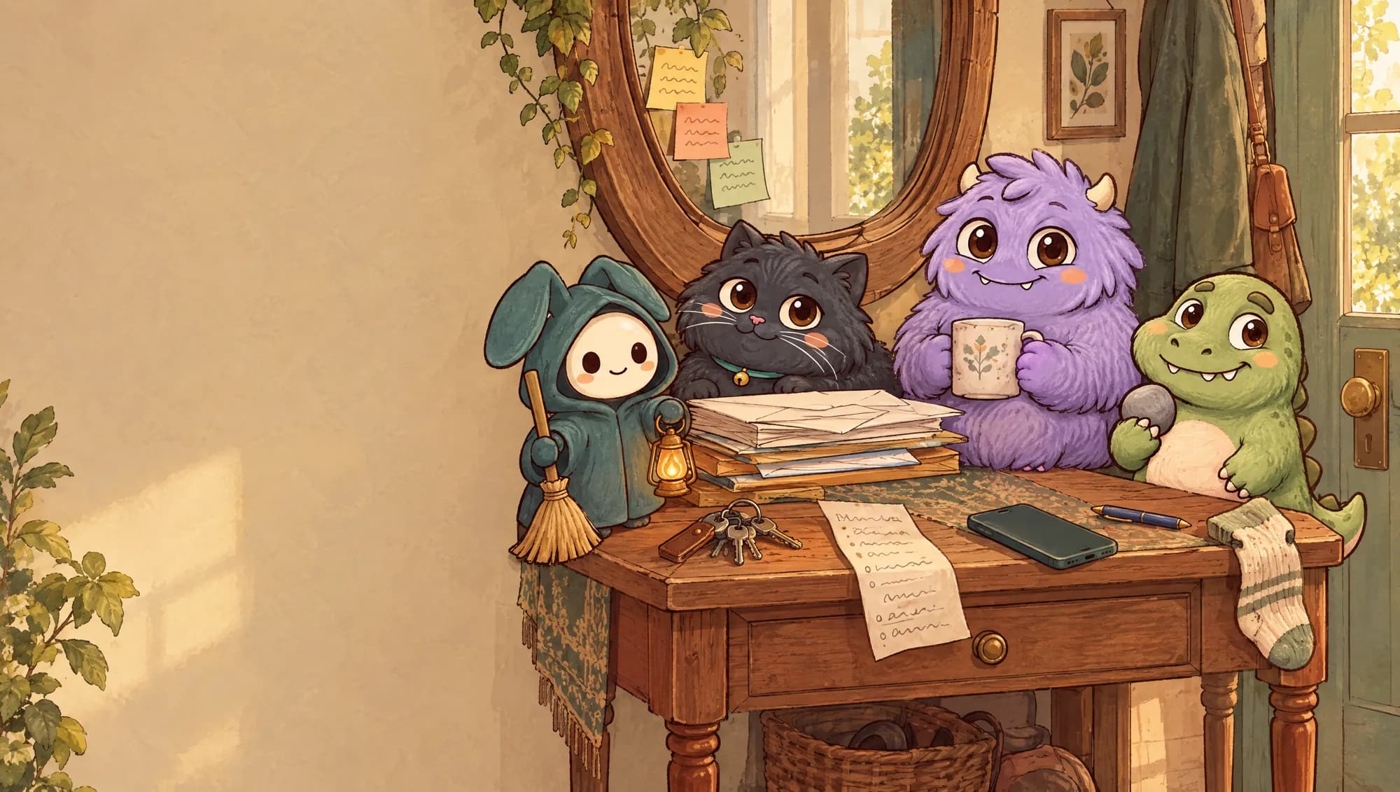 The four creatures crowded round a hallway table piled with letters, keys and a shopping list