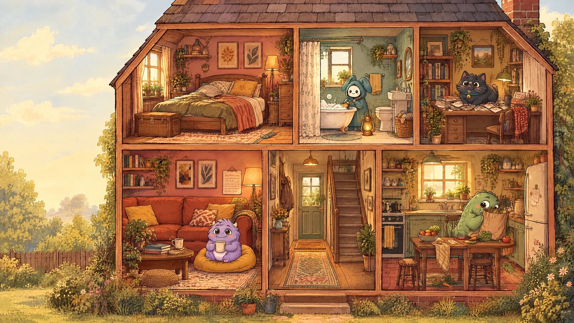A cosy house cut open like a doll’s house, with a creature in four of its rooms